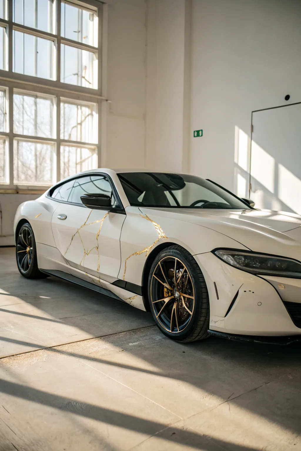 Kintsugi-inspired gold seams transform contrasting car panels into minimalist art.