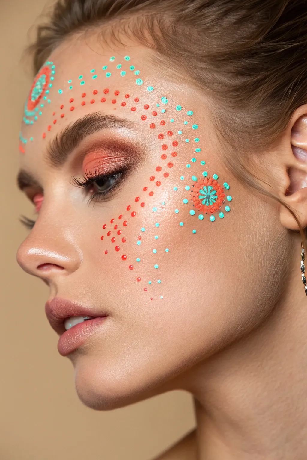Elevate your carnival look with precise neon pointillism. A chic, glowing festival detail.