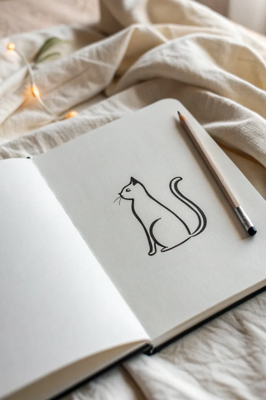 Minimal one-line cat doodle: continuous ink stroke with a soft pencil guide, clean and calming.