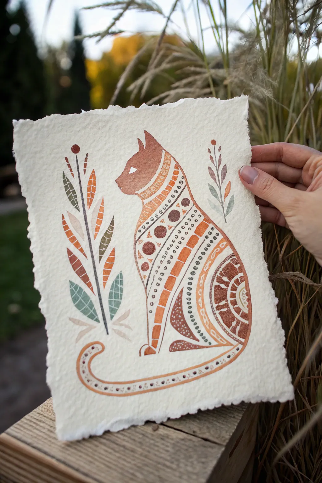 Minimalist patterned cat silhouette in earthy boho tones, crisp contrast on clean paper