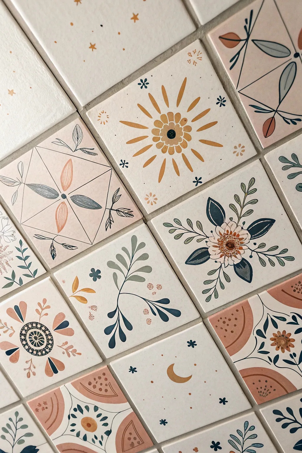 Patchwork ceiling tiles turned into tiny paintings for a cozy, minimalist boho statement.