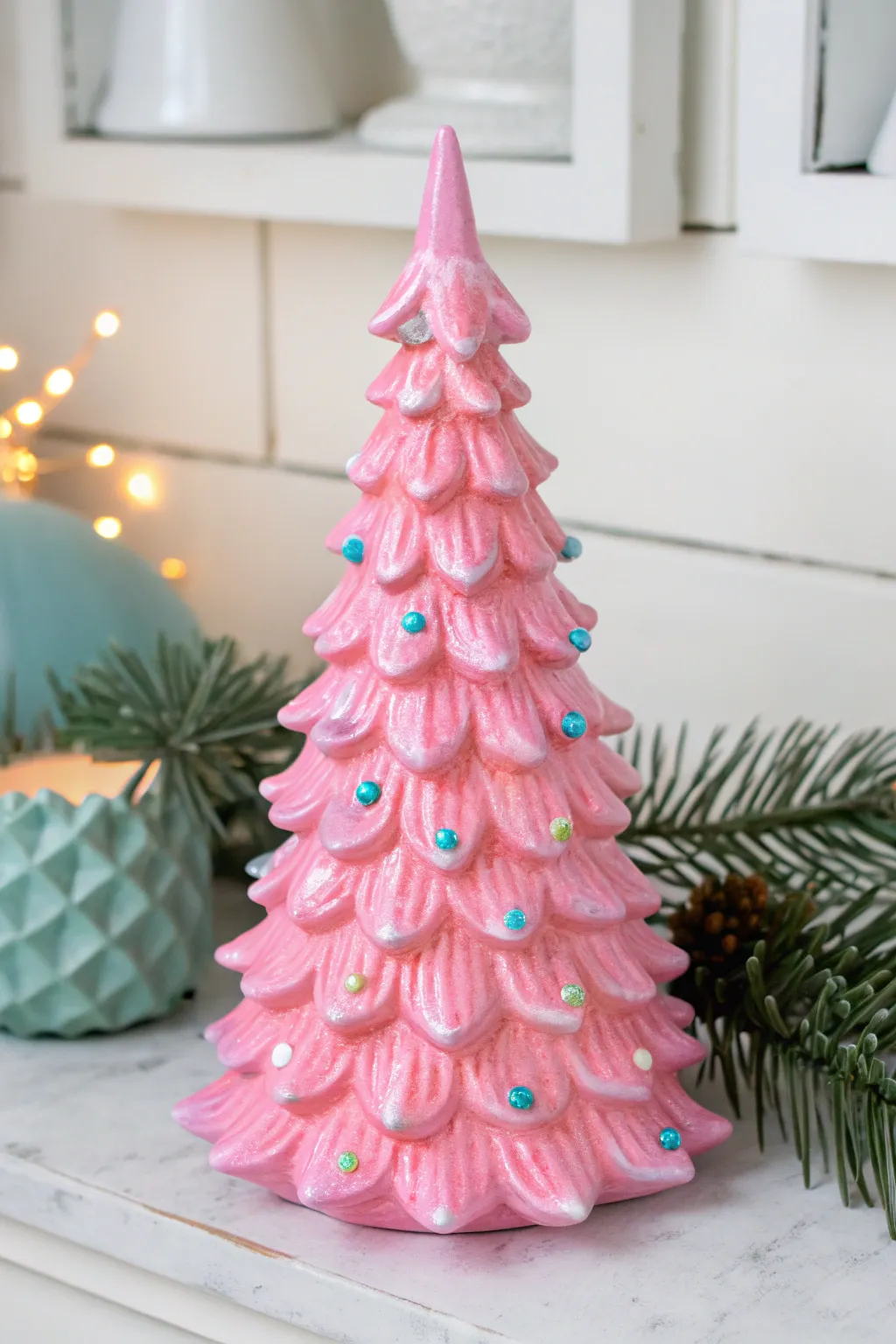 Neon hot pink ceramic tree with cool icy lights for a bold, modern pop-art holiday vibe