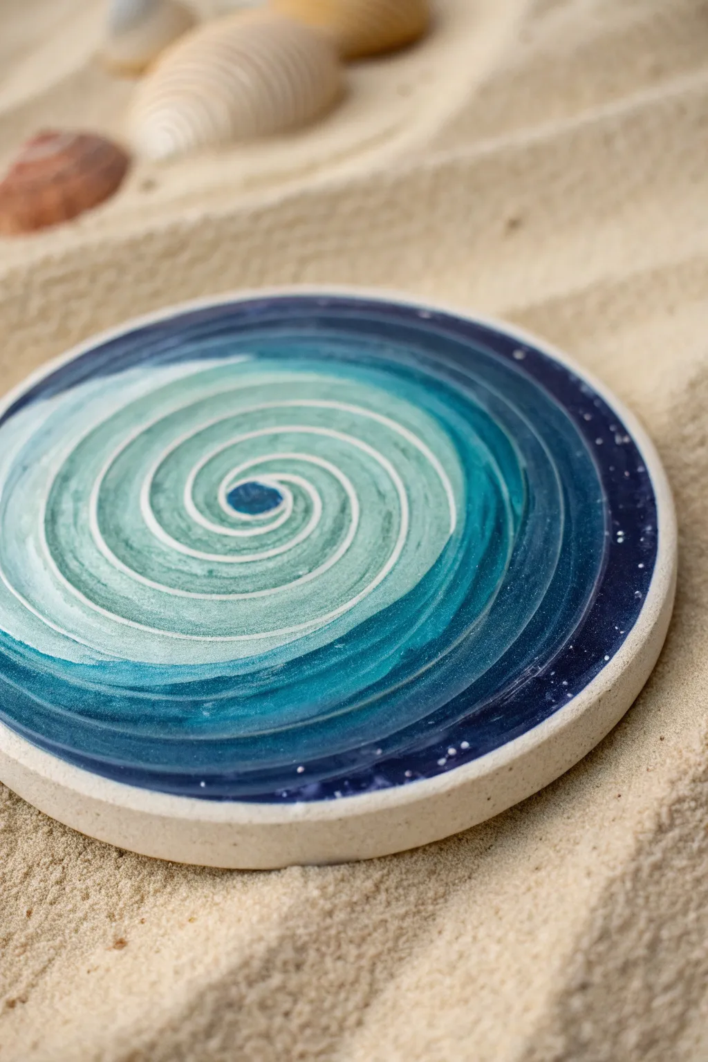 Ocean ring waves on a hand-painted ceramic coaster, minimalist coastal calm for your table.