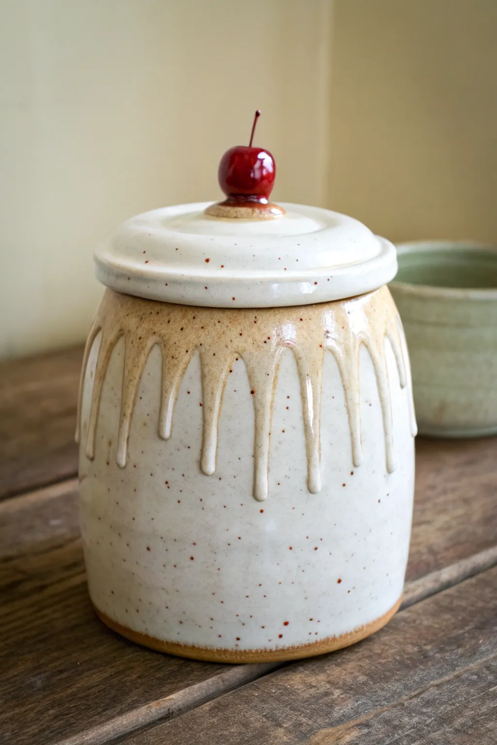 Minimal ceramic cookie jar with glossy dripping frosting lid and cherry topper, close-up details