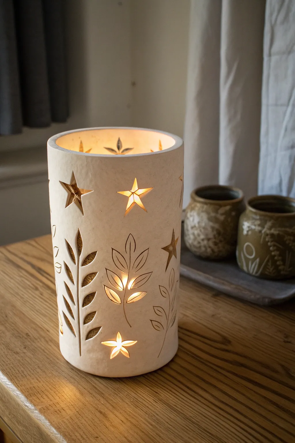 Handmade ceramic luminary with star and leaf cutouts, glowing softly and casting patterned shadows