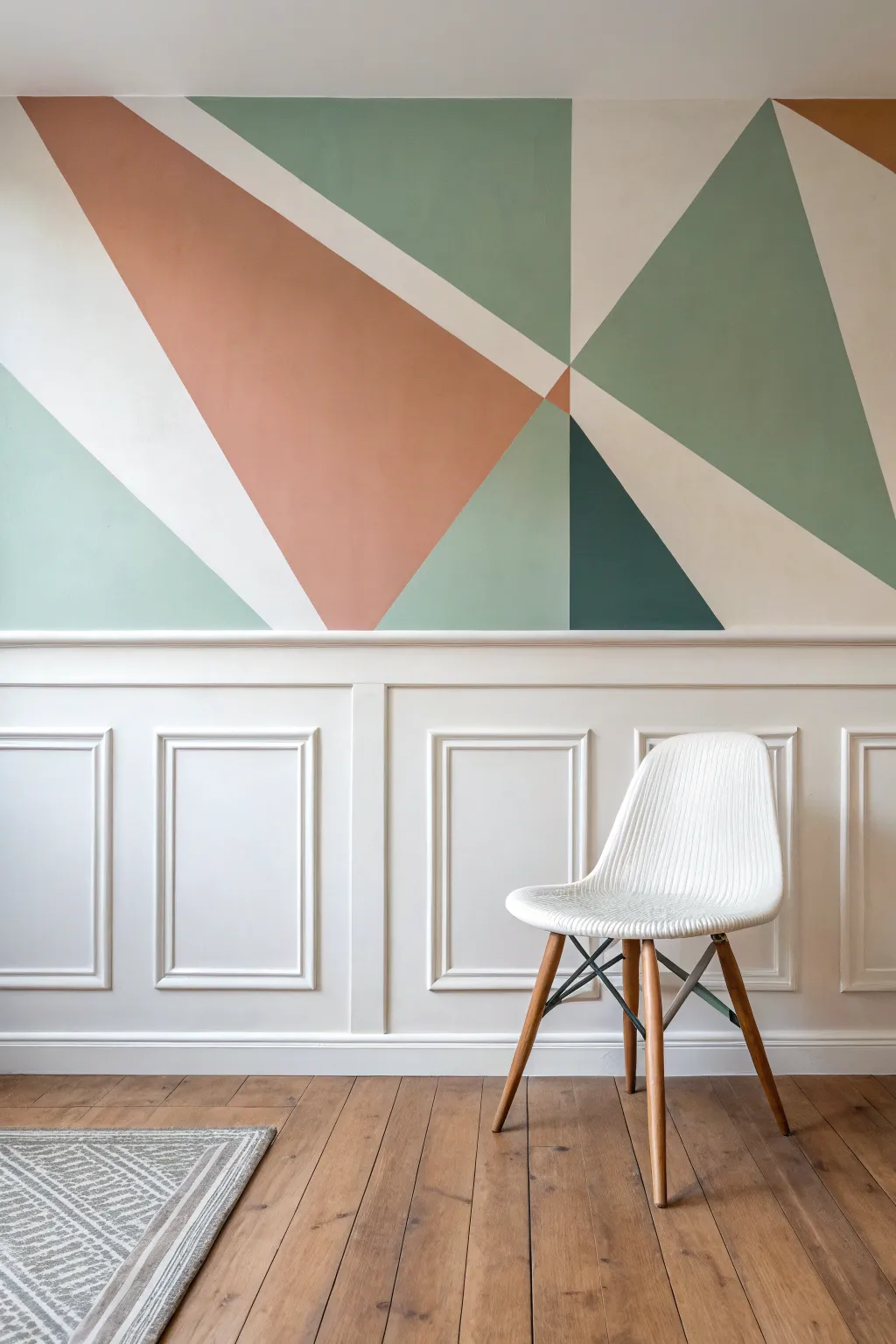 Geometric color blocks meet the chair rail like a horizon for a calm, modern statement wall.