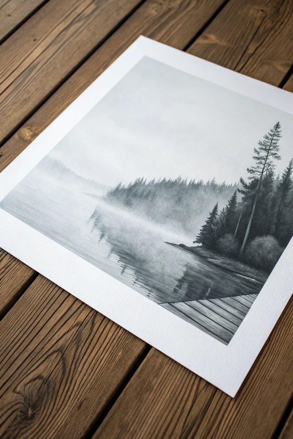 Create a powdery mist scene in charcoal with soft blending and barely-there forest edges.