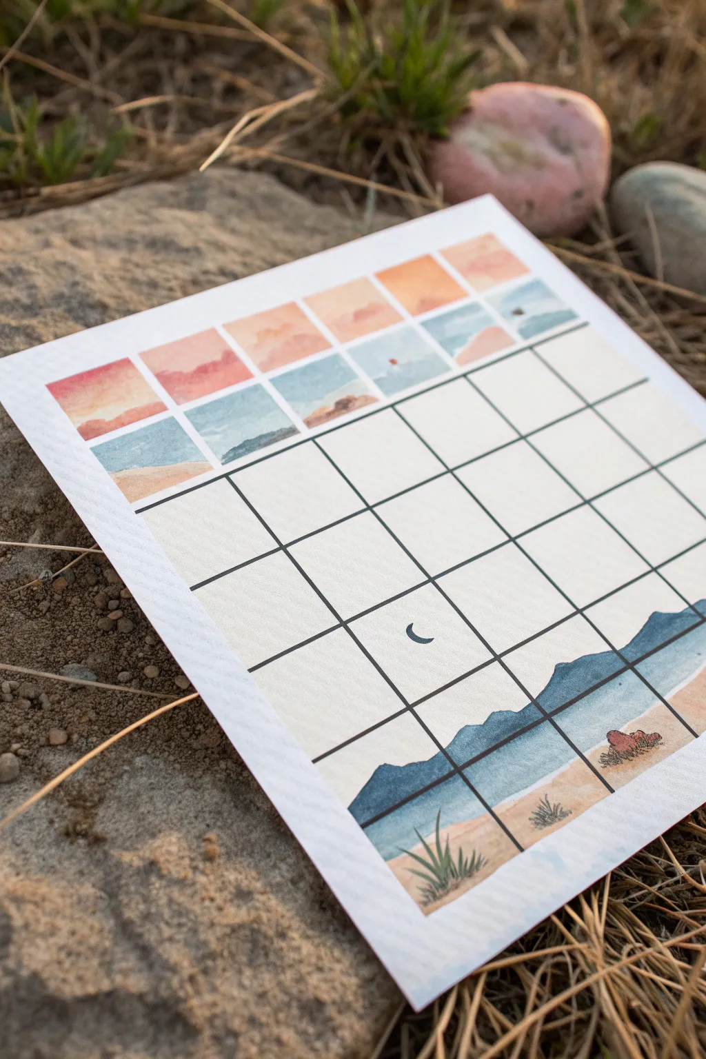 Mini landscapes in every checkerboard square for a calm, modern grid painting idea.
