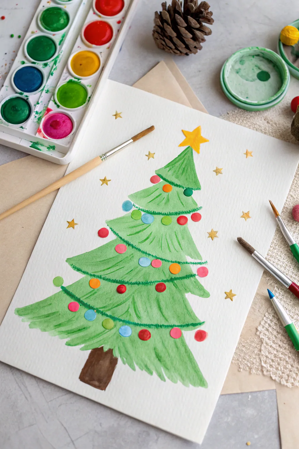Mixed media Christmas tree collage with pom-pom ornaments, an easy joyful kids painting idea