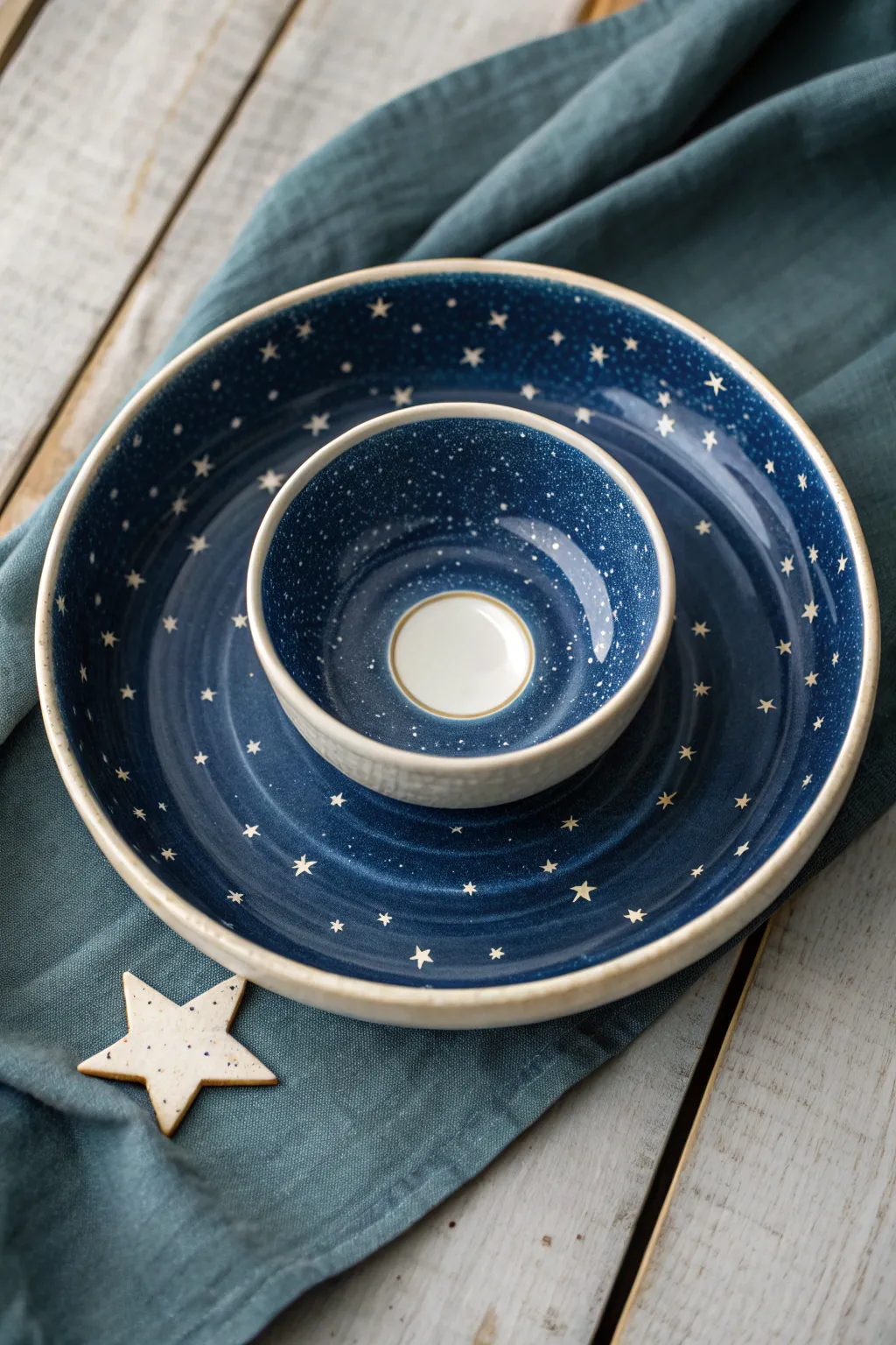 Paint a midnight starry rim and a glowing moon dip well for a cozy, modern chip and dip bowl