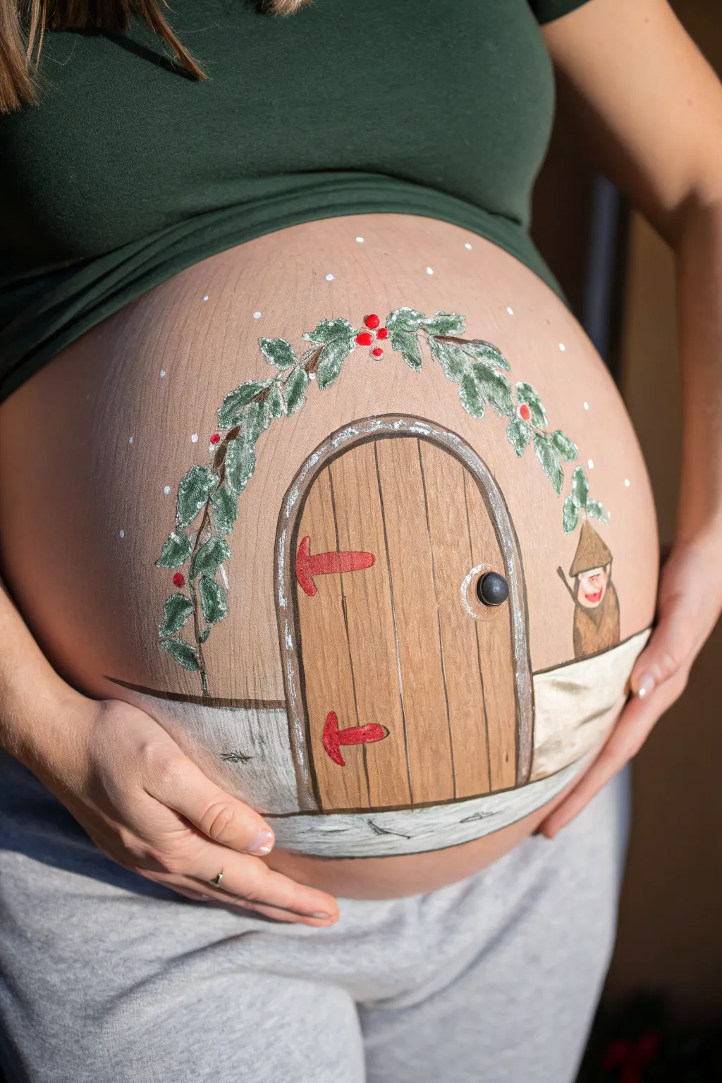 Peekaboo elf door belly painting with wood grain and wreath, cozy minimalist holiday charm.