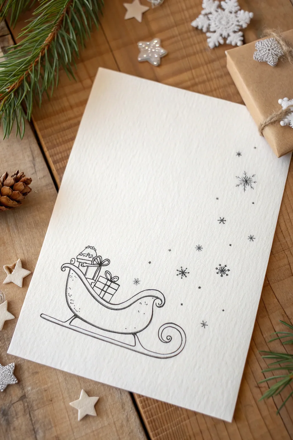 Minimal Santa sleigh side view line drawing with stars, perfect for easy Christmas sketching
