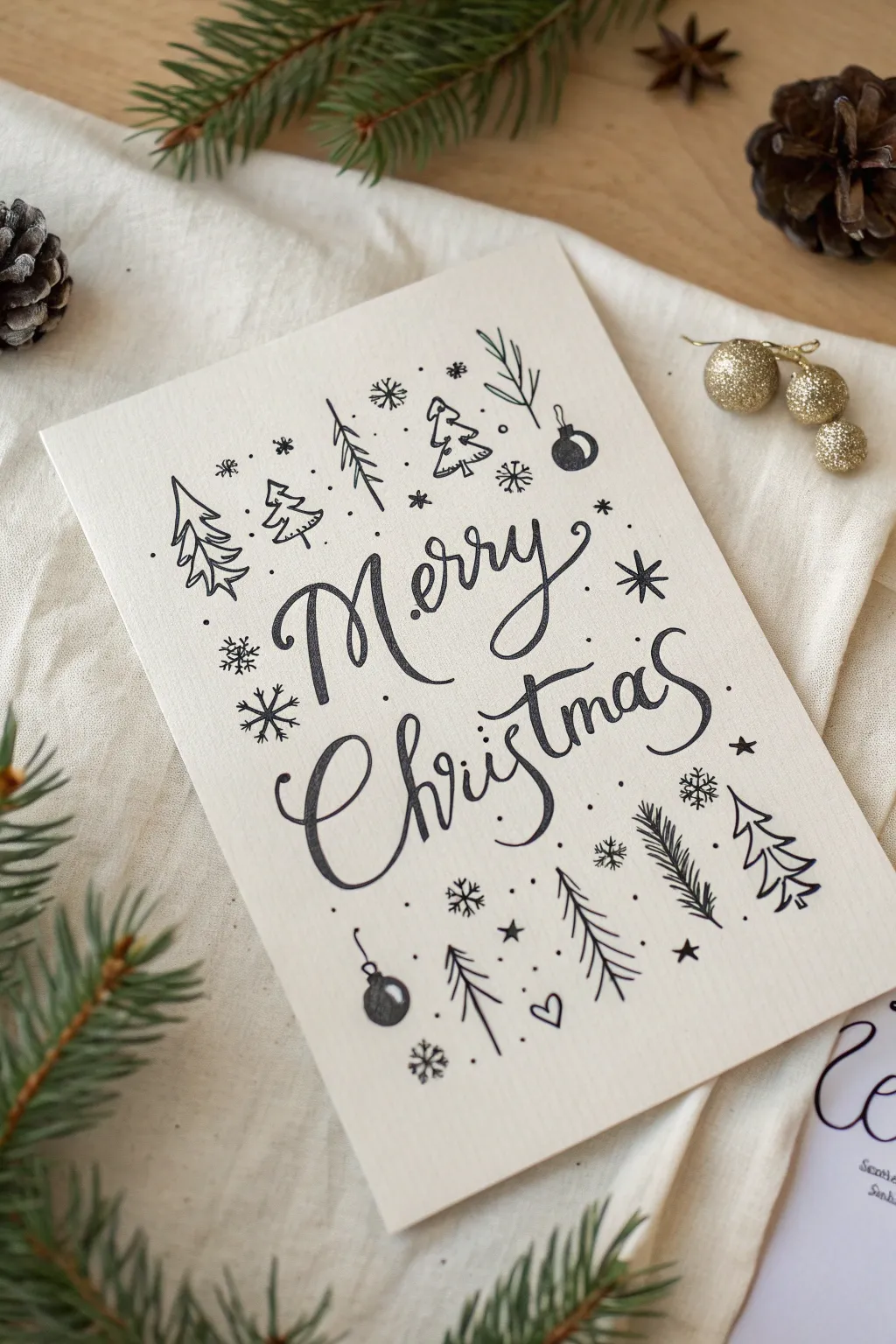 Minimal holiday hand lettering with tiny icons to inspire calm, modern Christmas drawings