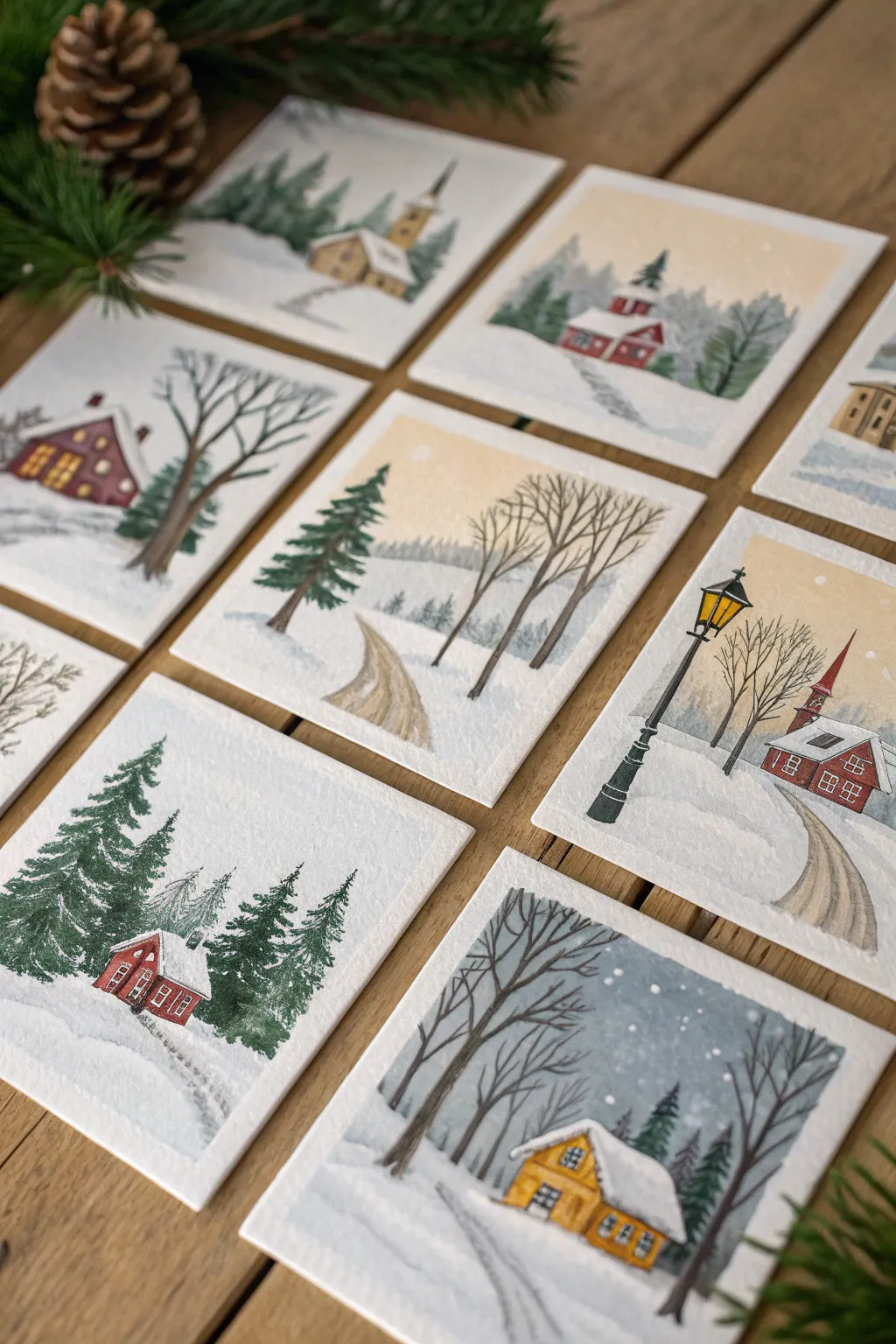 Mini Christmas village tiles in soft Scandinavian tones for a cozy holiday painting series