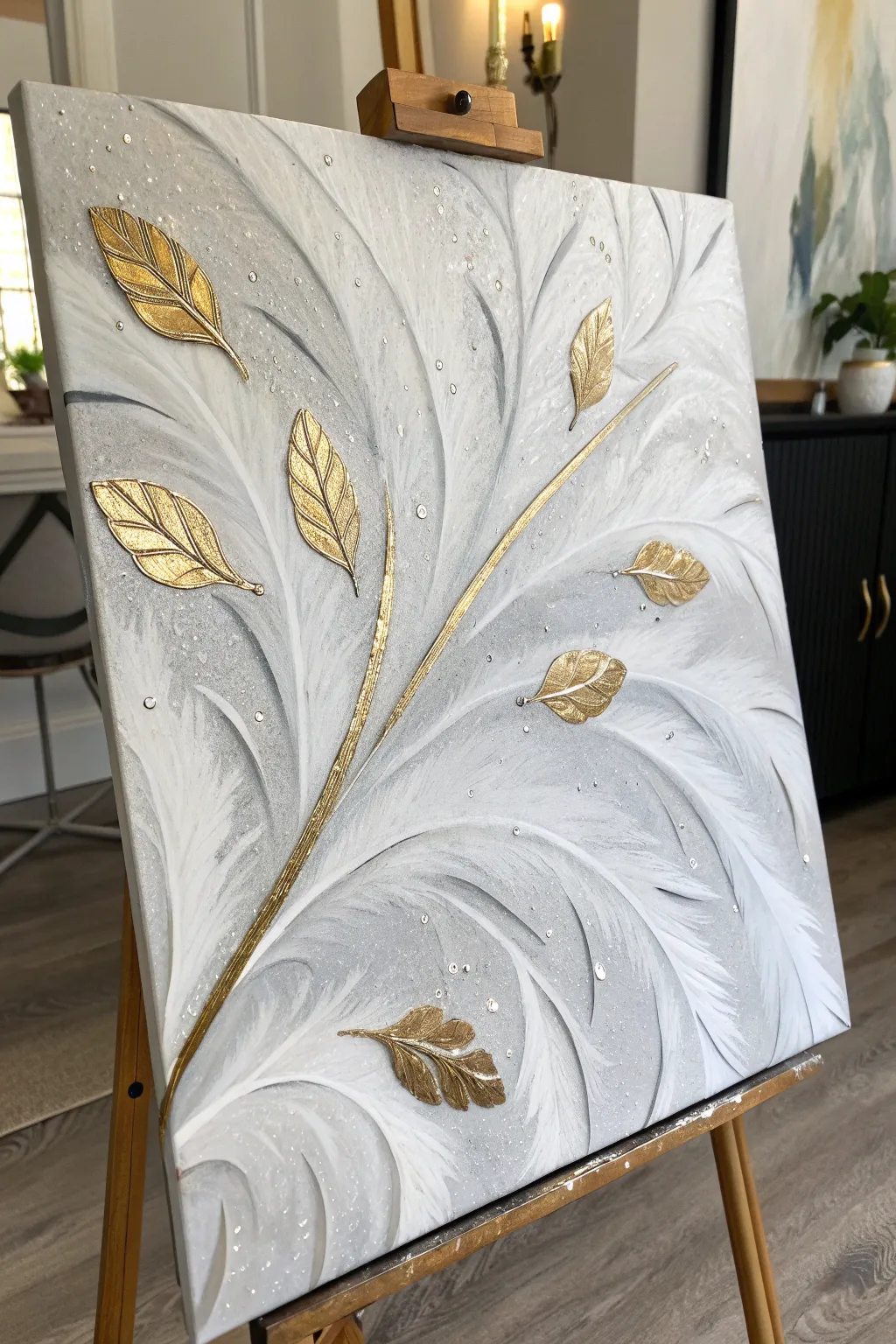 Embrace the season with this chic abstract Winter Solstice painting featuring gold leaf details.