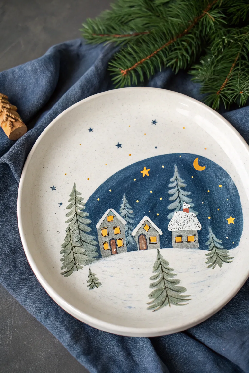 Cozy Christmas village night plate painting: deep blue sky, snowy roofs, warm glowing windows.