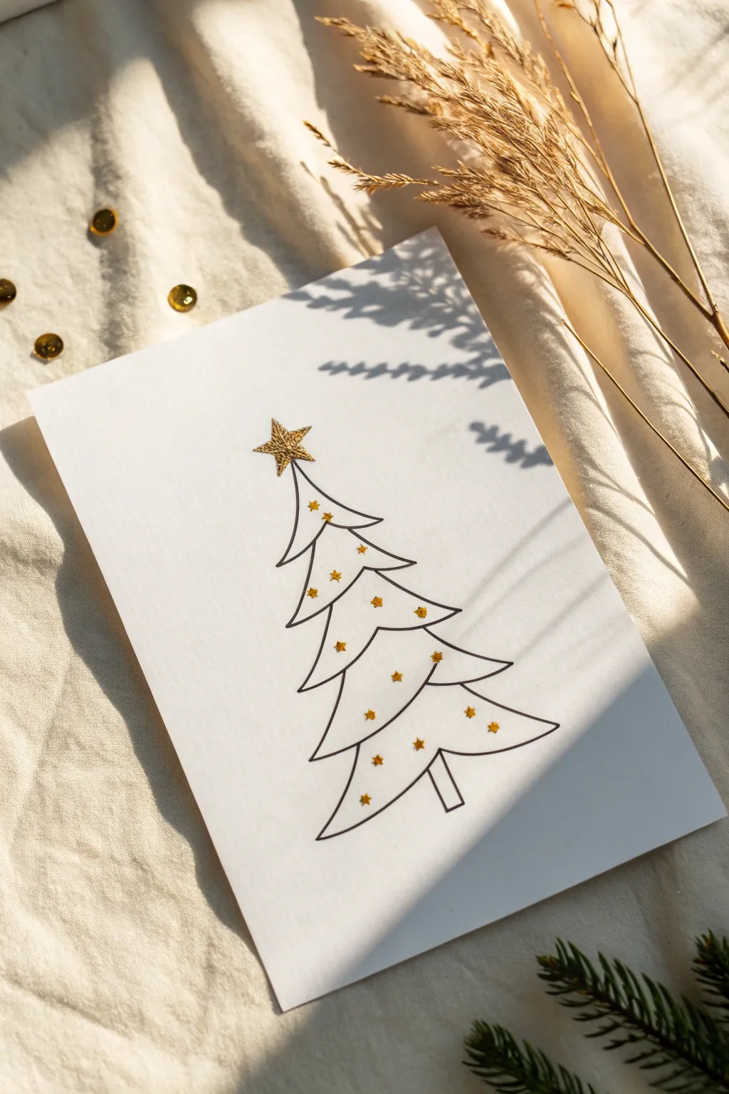 Minimal continuous-line tree with subtle gold accents for a clean Scandinavian holiday look