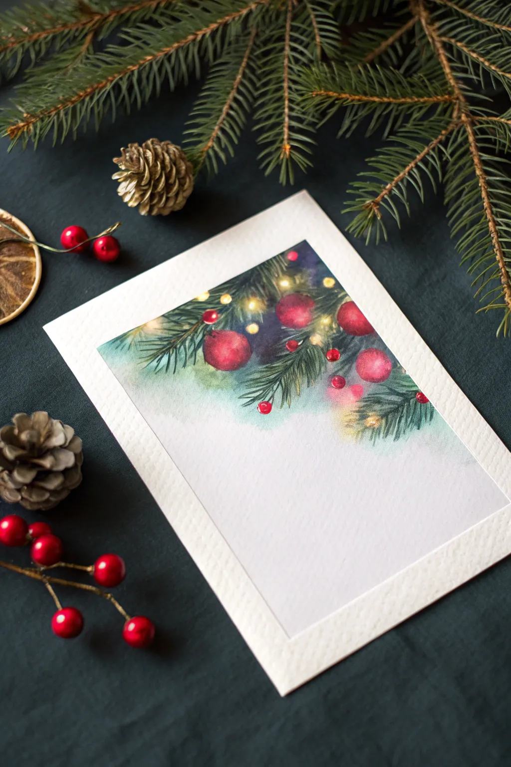 Watercolor bokeh Christmas lights on deep midnight wash, minimalist and cozy to recreate.