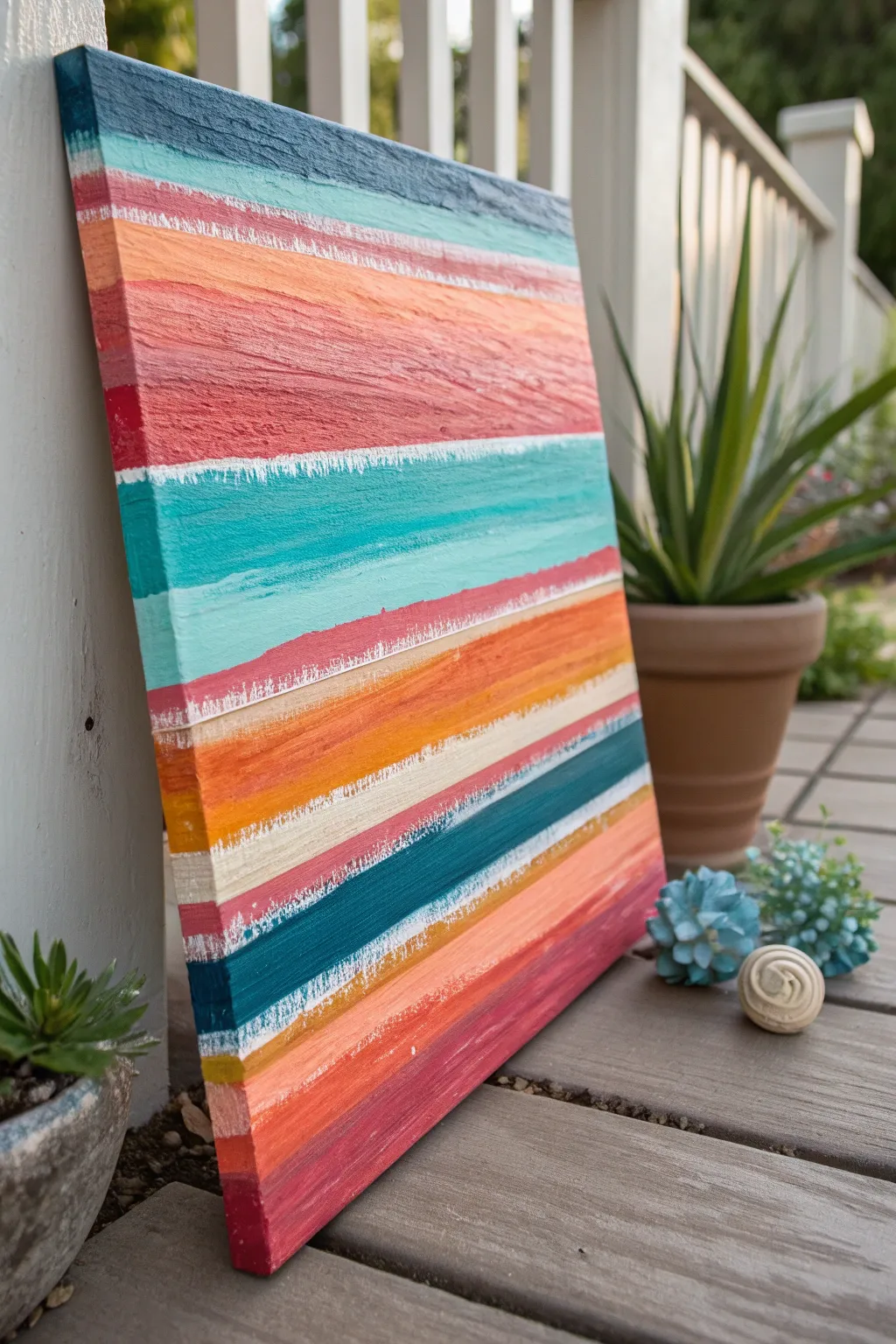 Bold sarape stripes with woven texture and tiny accents for an easy Cinco de Mayo abstract