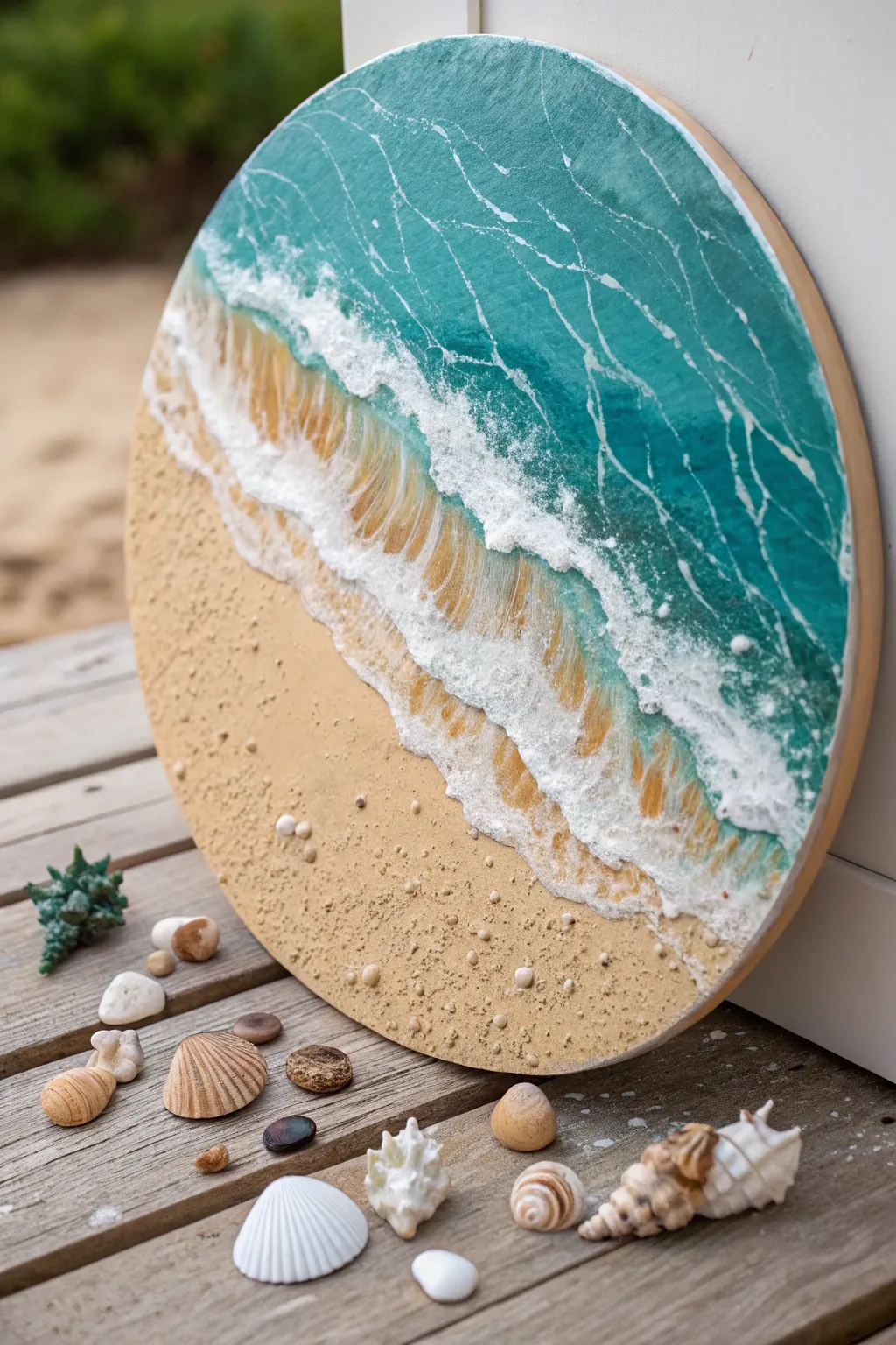 Minimalist round canvas beach texture with real shells and a glossy water edge for calm boho vibes