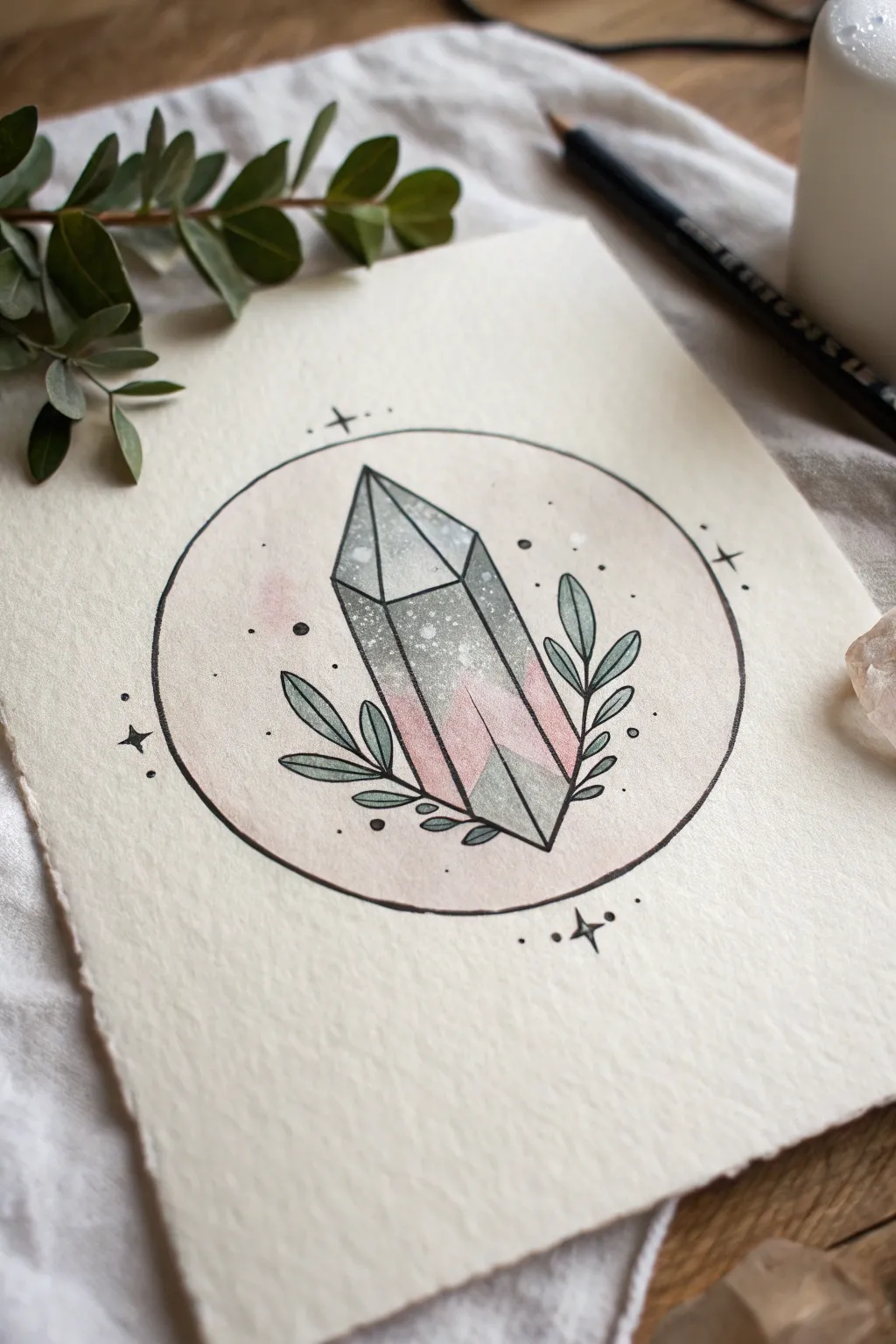 Minimal crystal facets rising inside a clean circle frame, crisp lines and soft shaded planes.