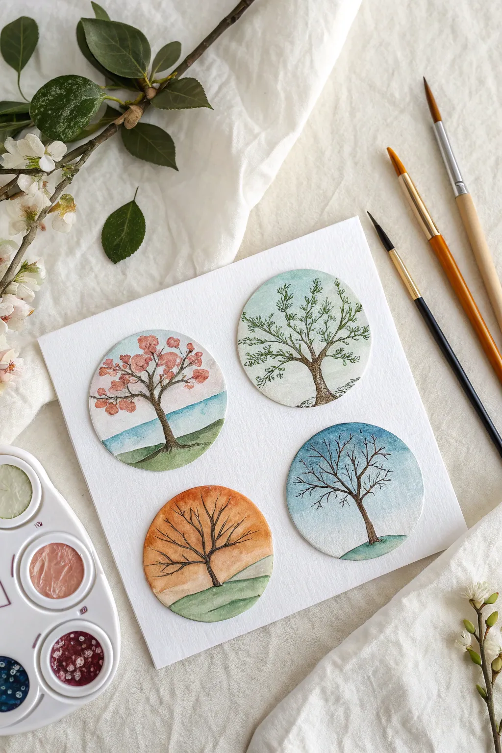 Four matching circle paintings show spring to winter, same layout, fresh minimalist seasonal set.