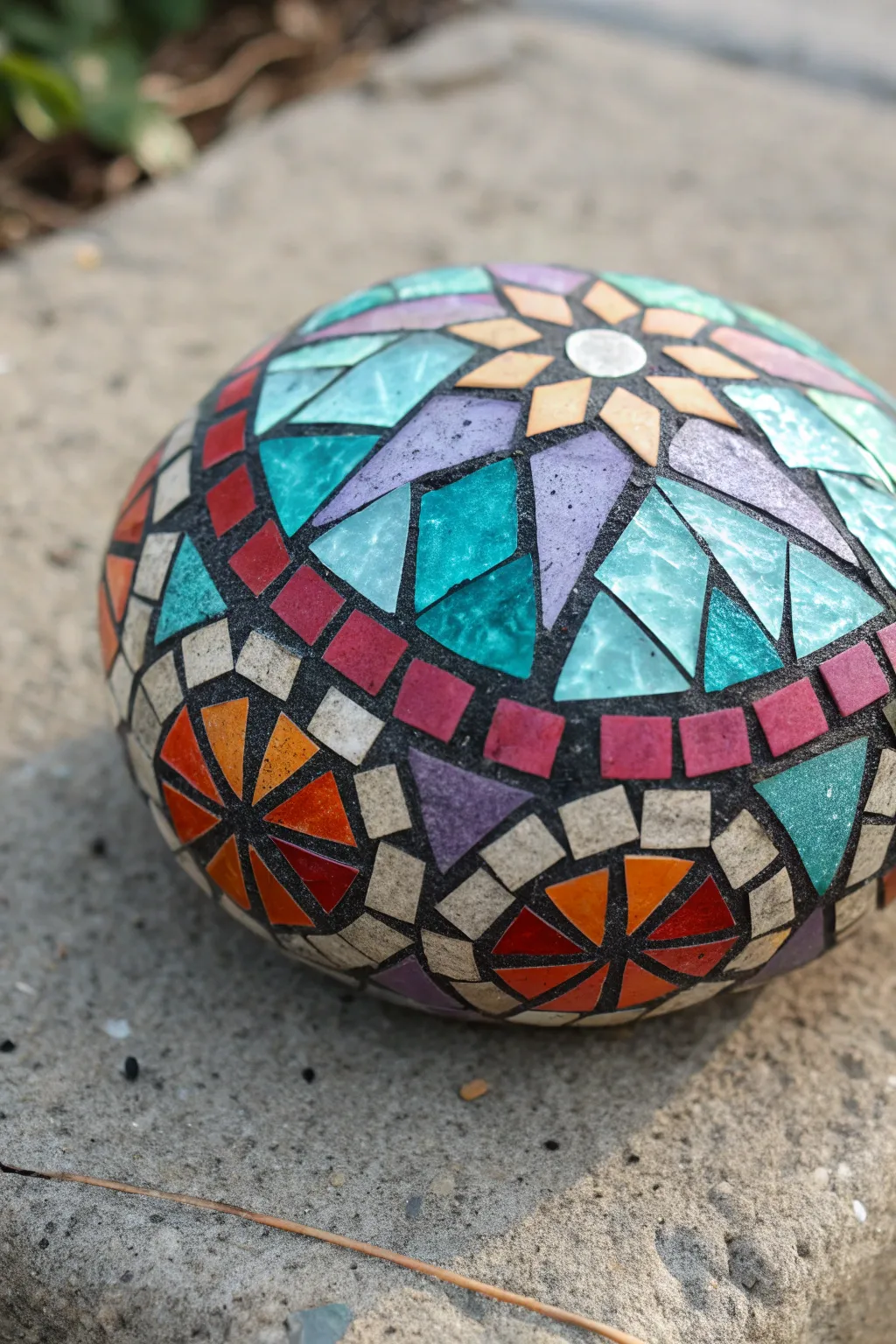 Stained glass mosaic circle rock with bold leading lines and radiant gradient segments