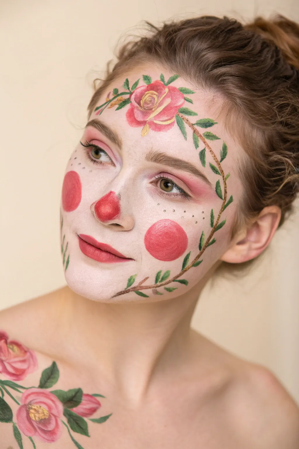 Swap the red nose for blooming roses with this delicate floral clown look.
