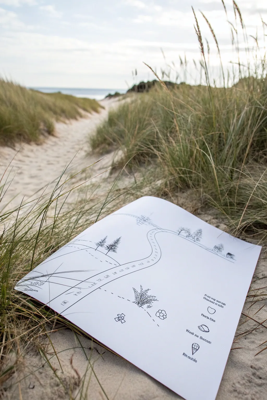 Minimal ink coastal yard plan line drawing with curved paths and dune grasses, clean and modern