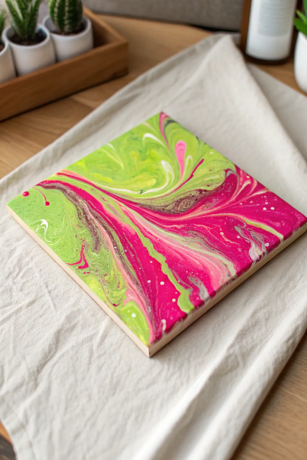 Neon lime + hot pink pour palette with crisp black and white breaks and intense macro cells