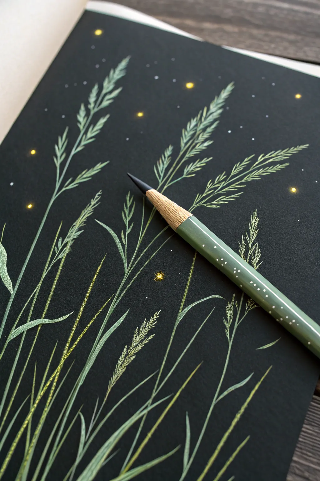 Glowing fireflies in tall grass, colored pencil on black paper for a dreamy minimalist summer night.