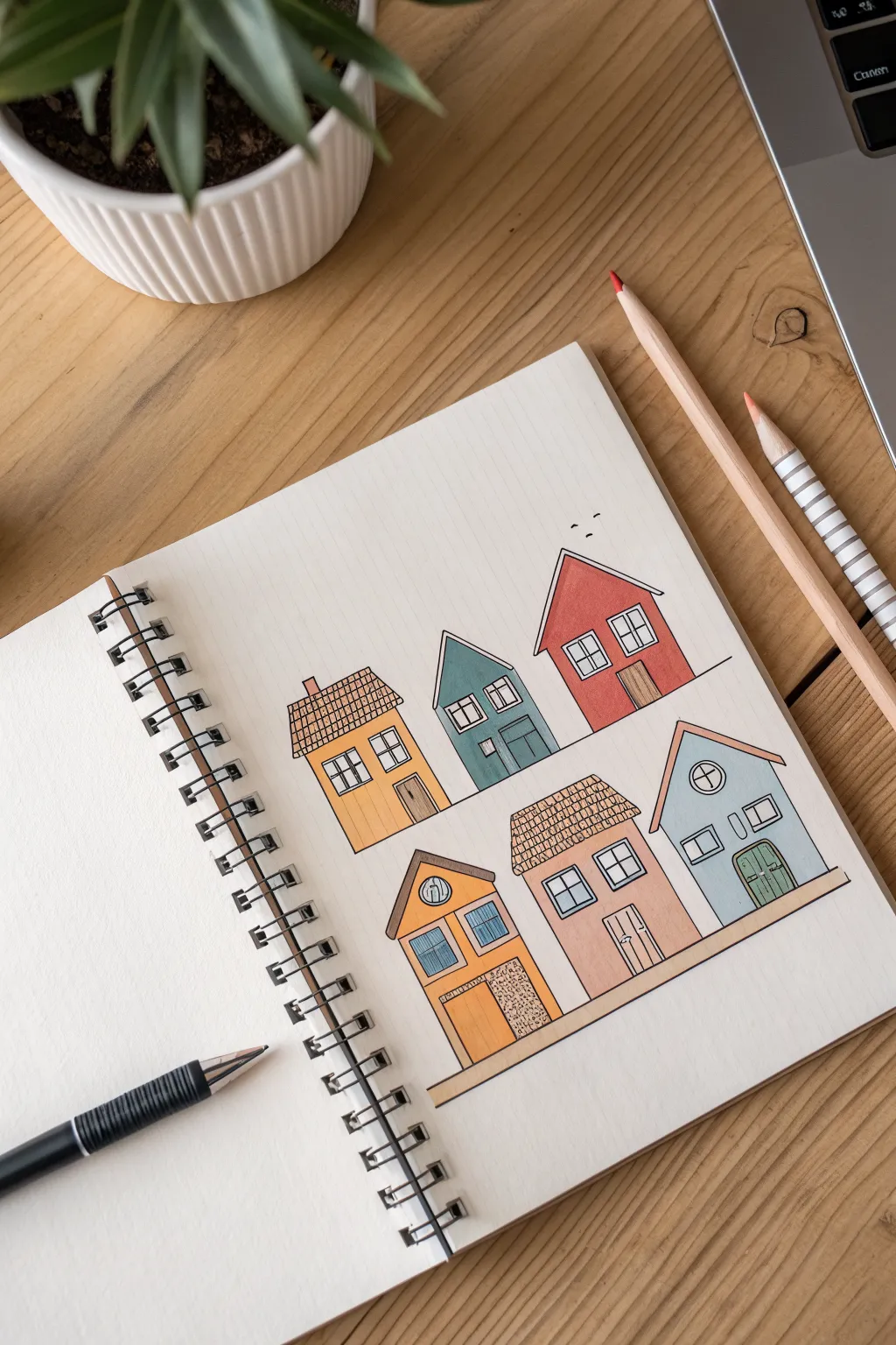 Color-block mini houses: a simple, vibrant row perfect for easy colorful drawing practice