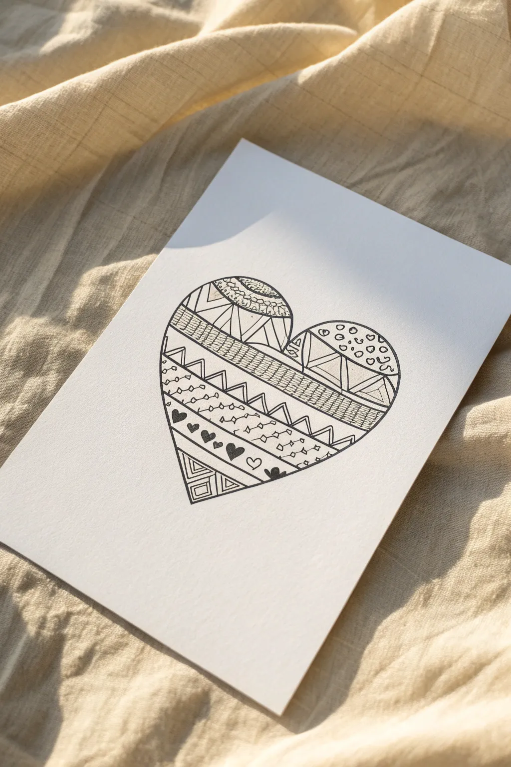 Color a heart doodle with tangle fills, each section in soft boho pastels for calm contrast.