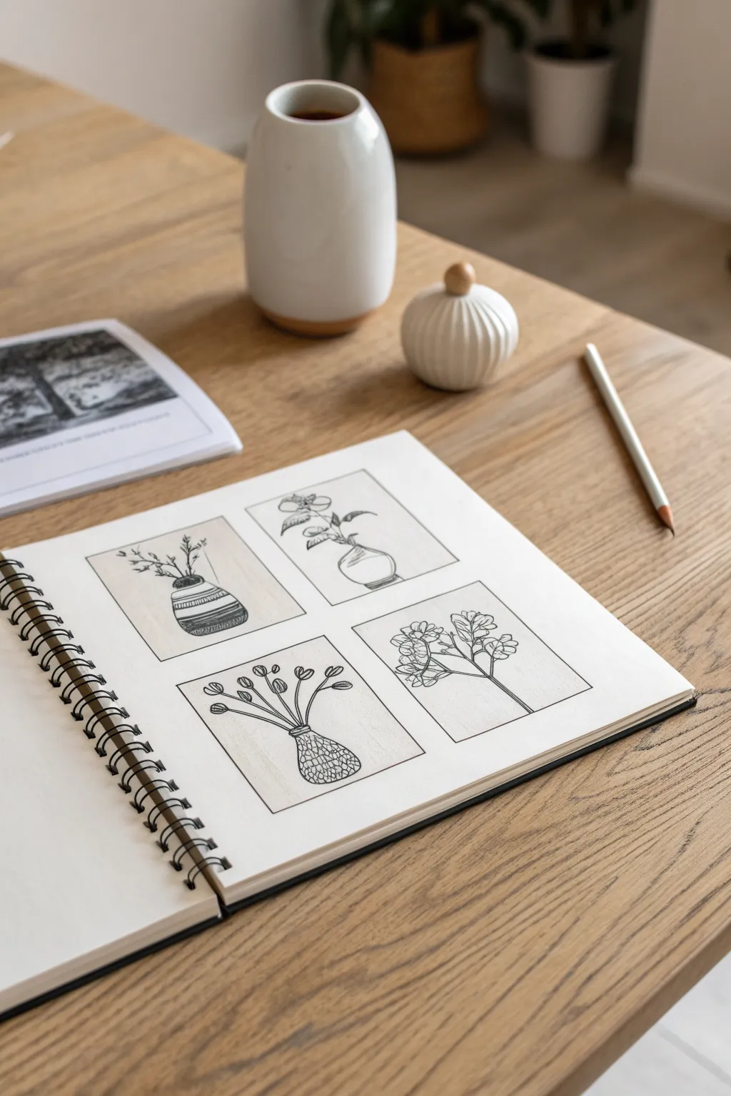 16 thumbnail composition sketches of one vase, clean minimalist sheet with soft boho styling