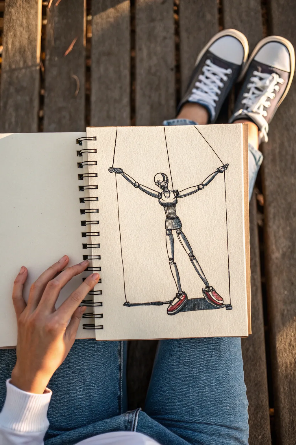 Tangled puppet strings and opposing hands capture a quiet battle for control in minimalist lines.