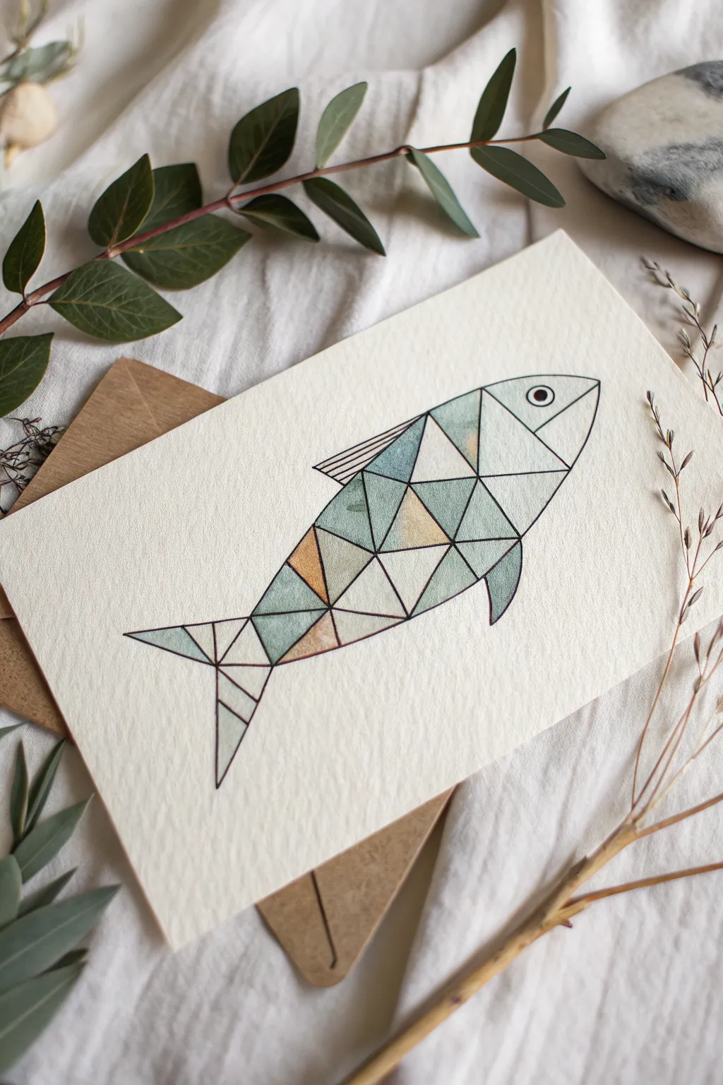 Geometric low poly fish drawing with crisp triangles and soft muted shading, minimalist and bold