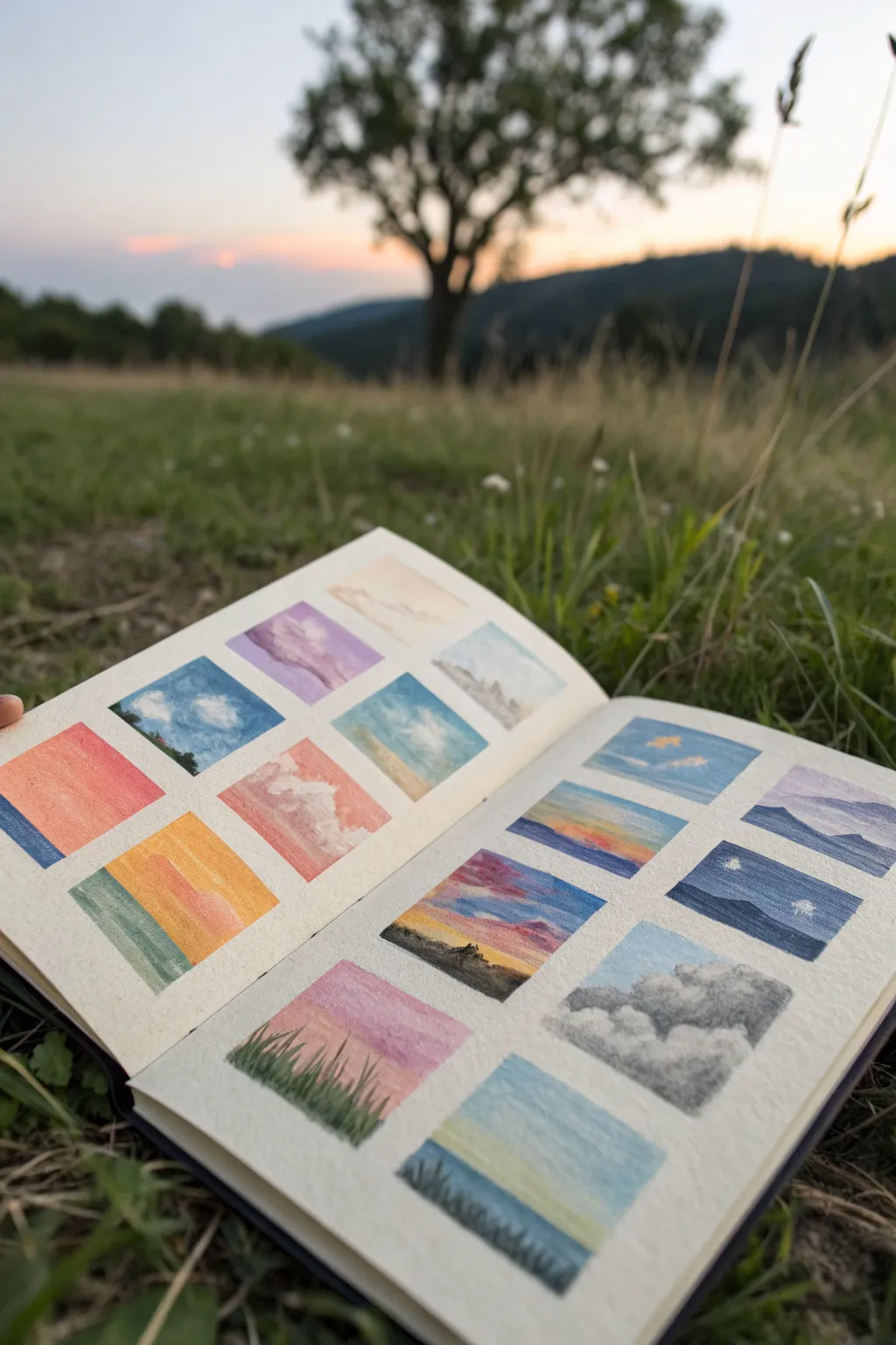 Mini sky studies in a simple grid, exploring sunrise to night with easy oil pastel blends.