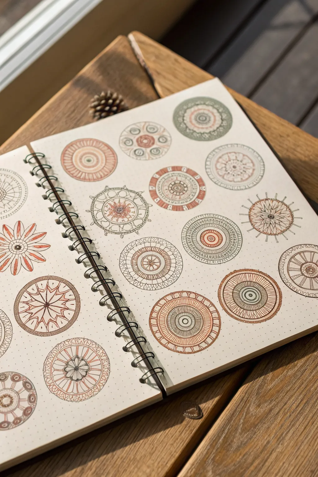 Mandala ring swatches in calm boho tones, a minimalist pattern idea page to recreate.