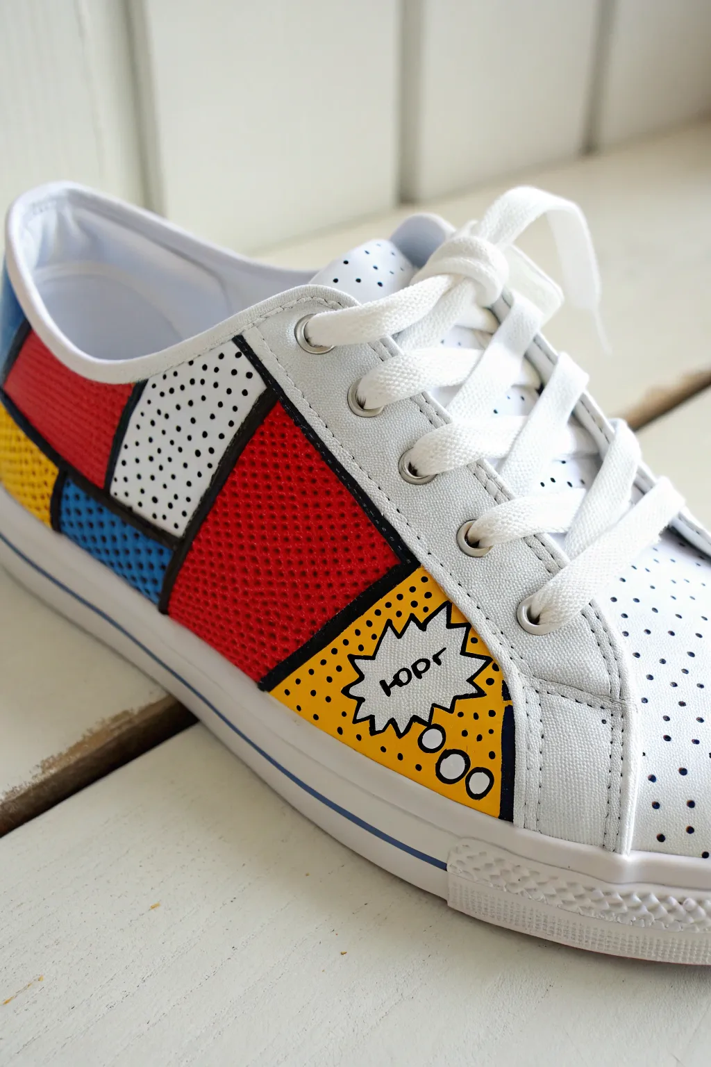Pop art halftone sneaker painting idea with bold primaries and clean minimalist styling.