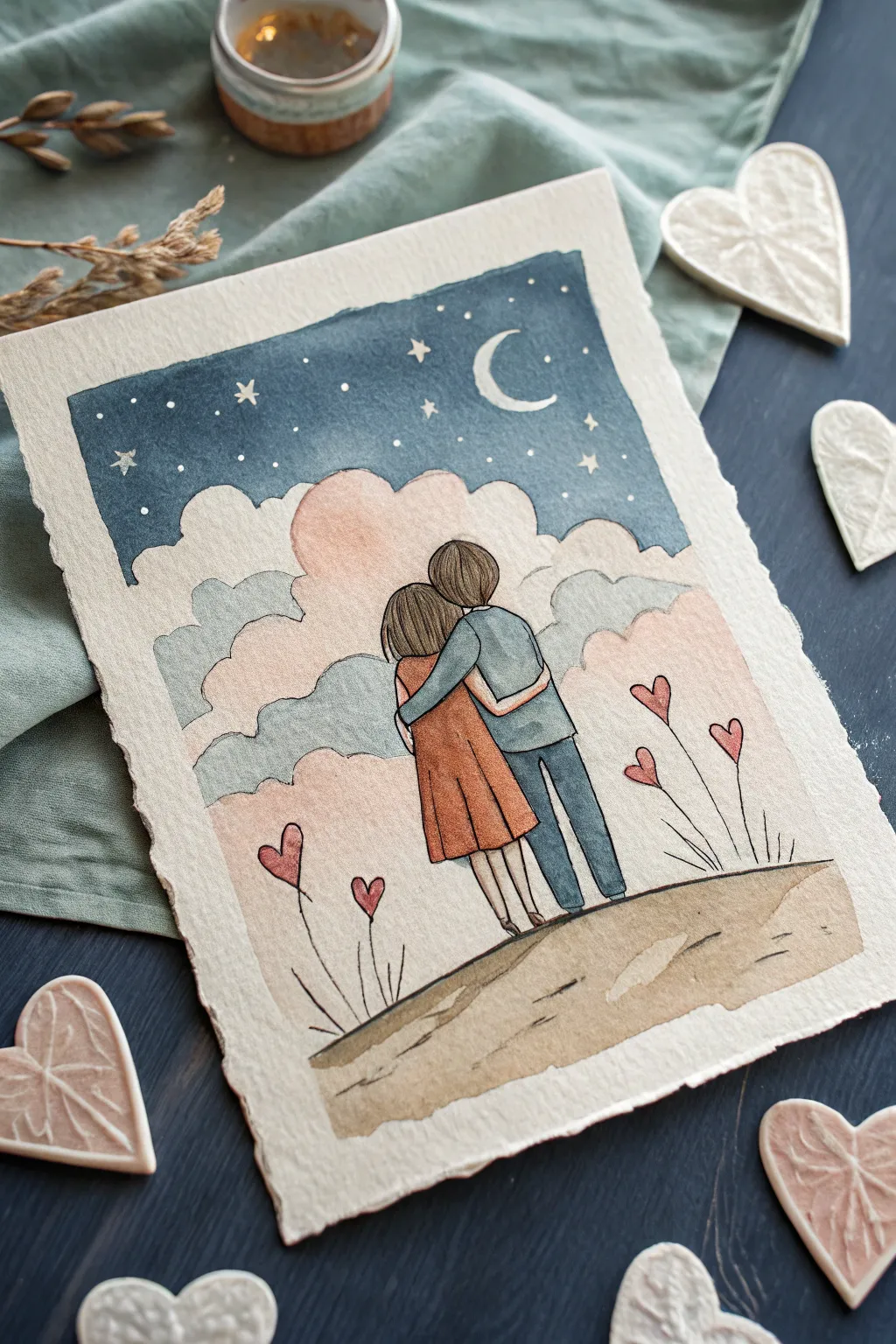 Secret-message style cartoon couple art with wax-resist hearts revealed by soft watercolor washes