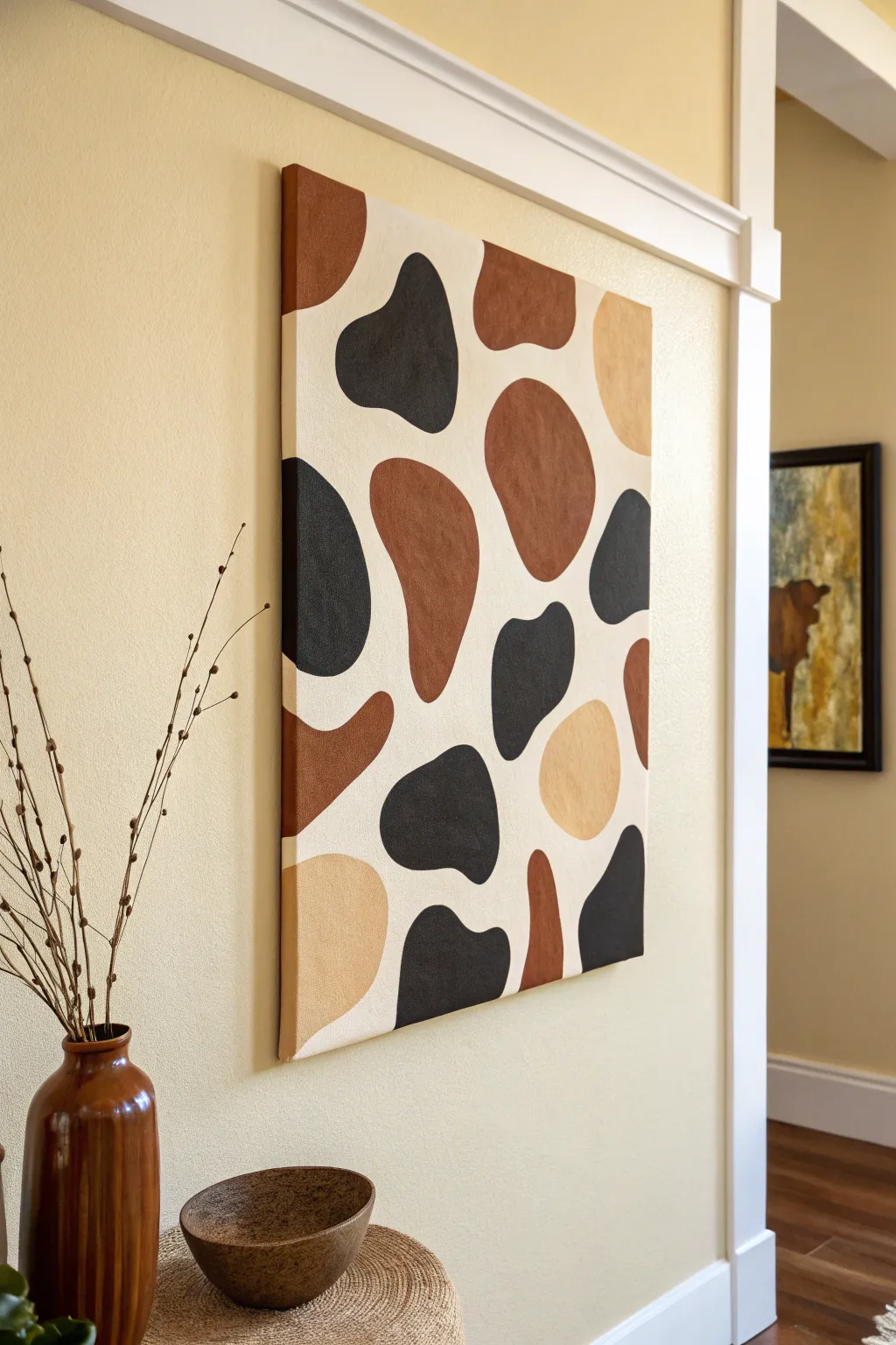 Modern abstract cow spots with a subtle face hint, lots of airy negative space and contrast