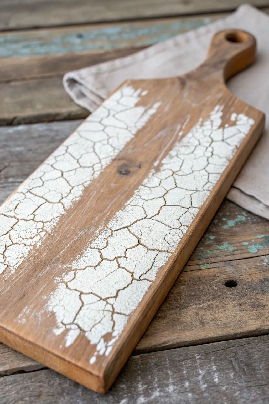 Peeling crackle resist patches on a painted board for a soft, aged finish with bold contrast