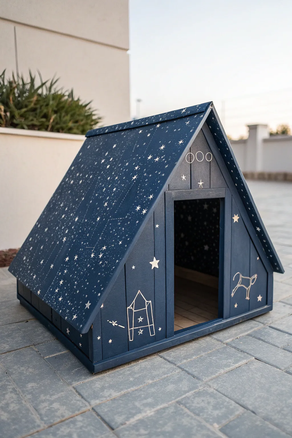 Dreamy night-sky dog house: matte navy paint, star speckles, and simple constellations.