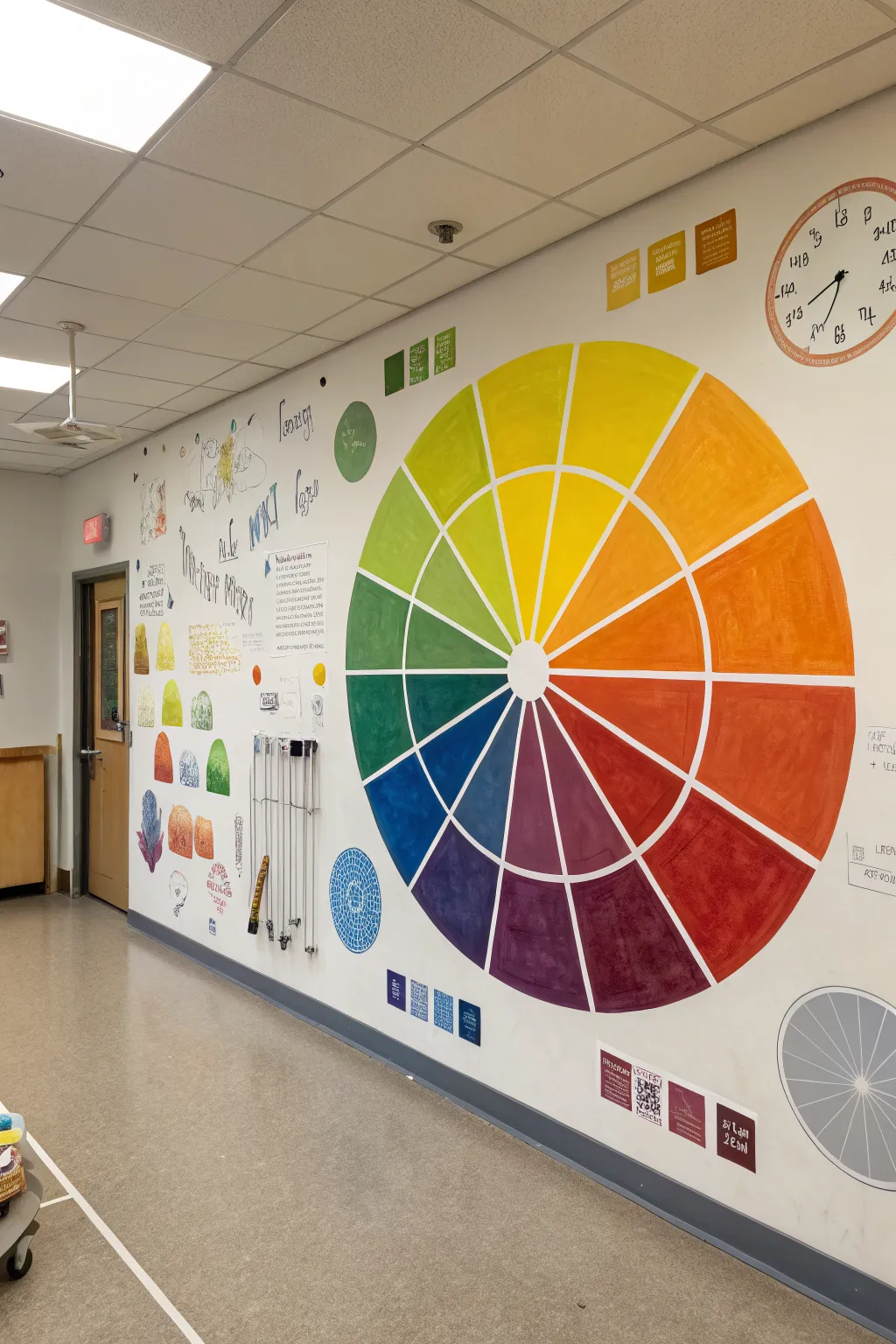 Bold hand-painted color wheel mural with value scales for an inspiring minimalist art room.
