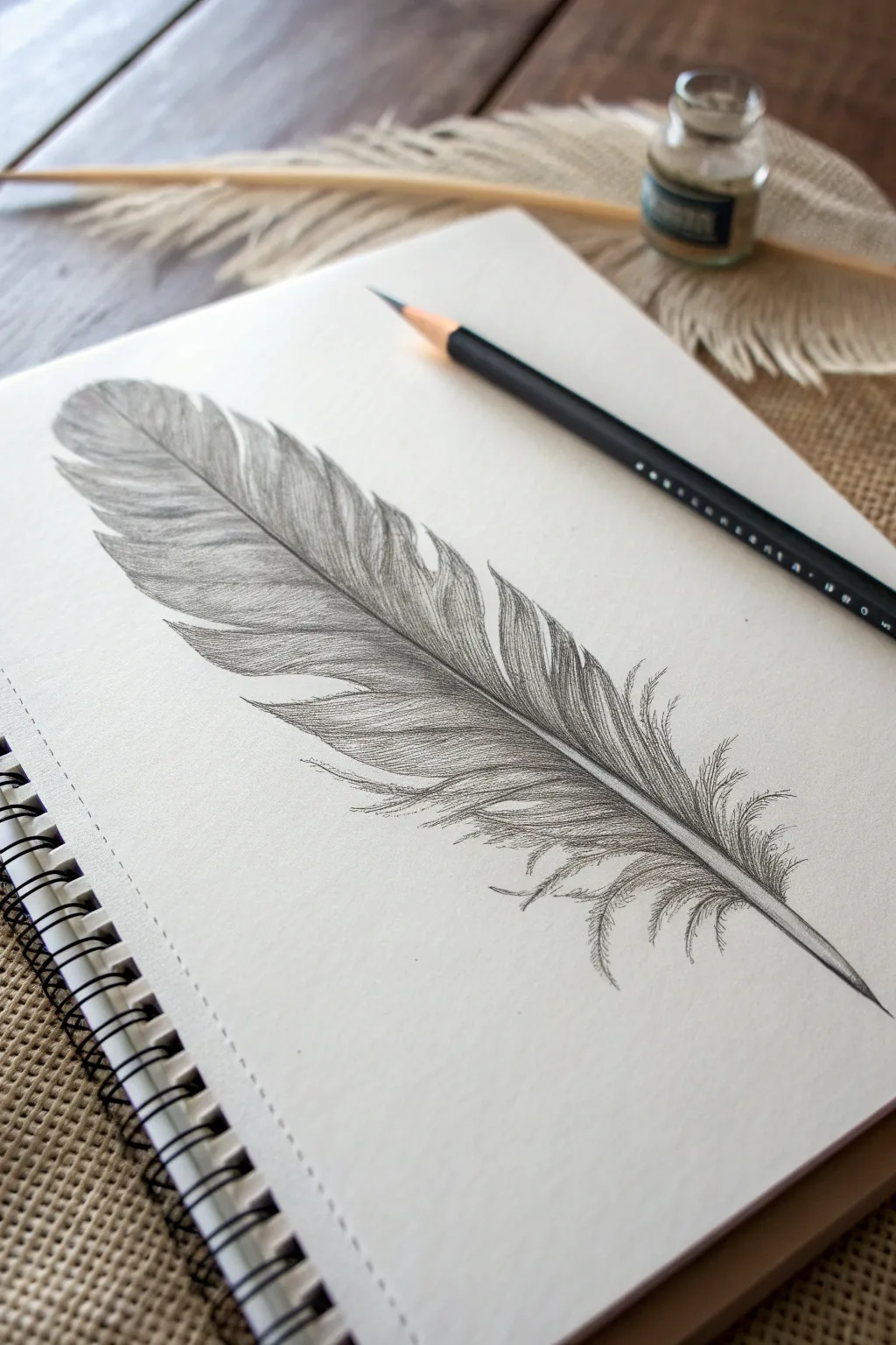 Draw a single feather with directional cross hatching, darkest at the quill for depth