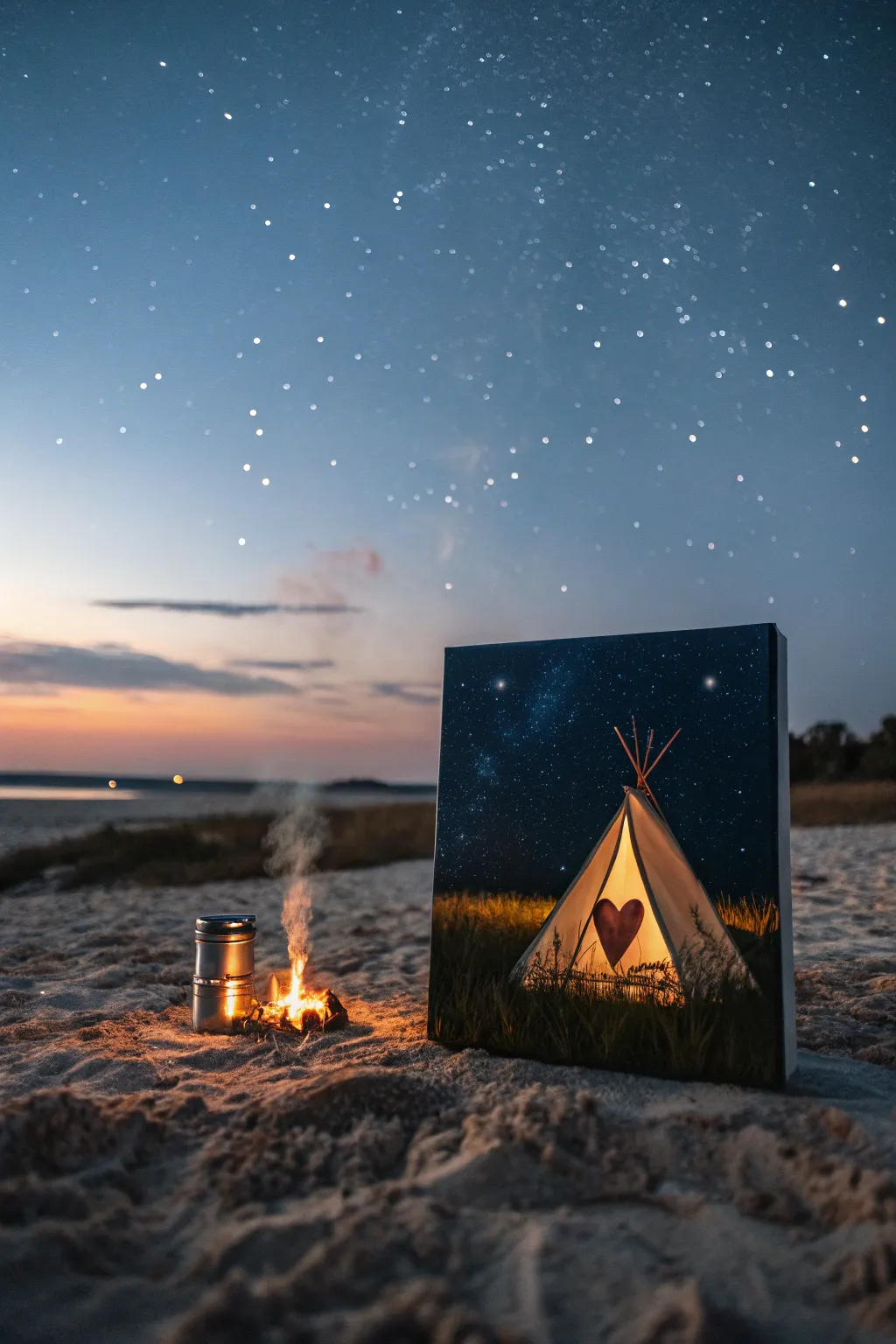 Tiny tent camping scene with heart smoke under a starry gradient, sweet minimalist vibes.