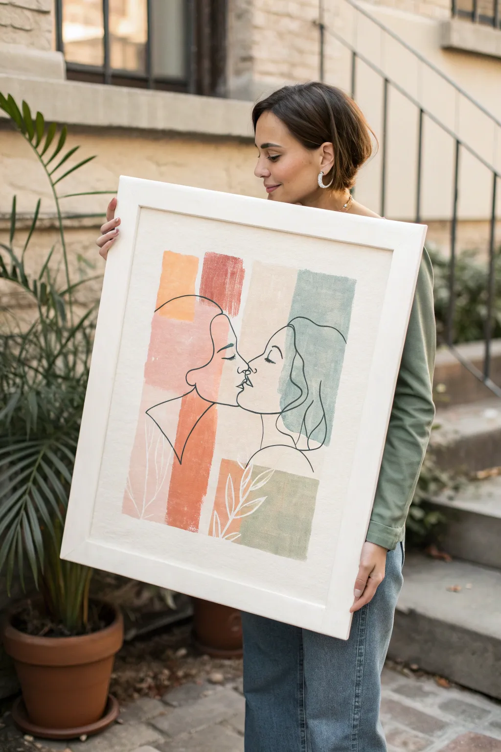 Abstract color blocks with a minimalist couple line drawing, modern, soft, and romantic