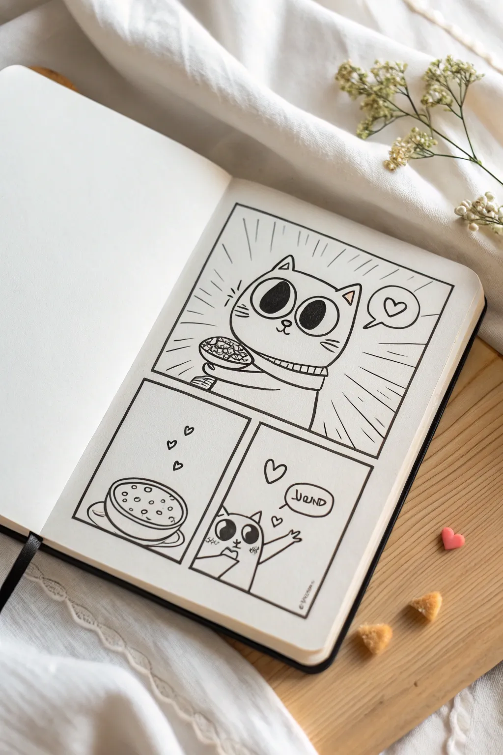 Tiny 3-panel cat comic with big eyes, cute snack fail, and a simple heart celebration