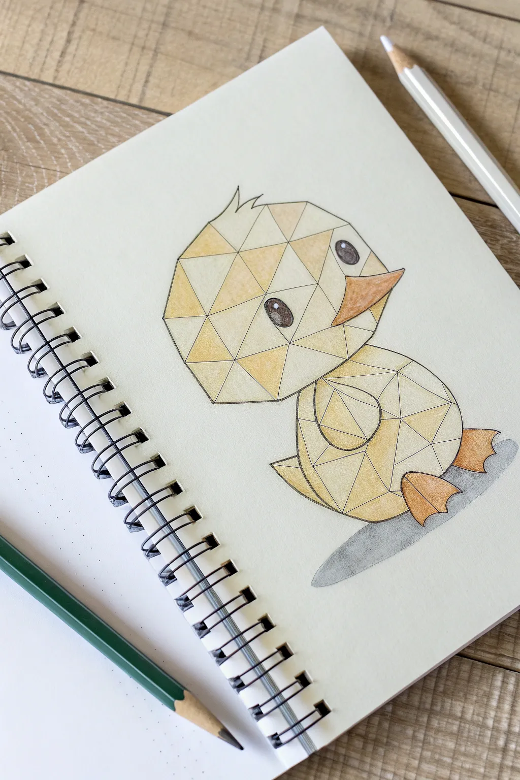 Geometric blocky duckling drawing idea with soft shading, minimalist and irresistibly cute