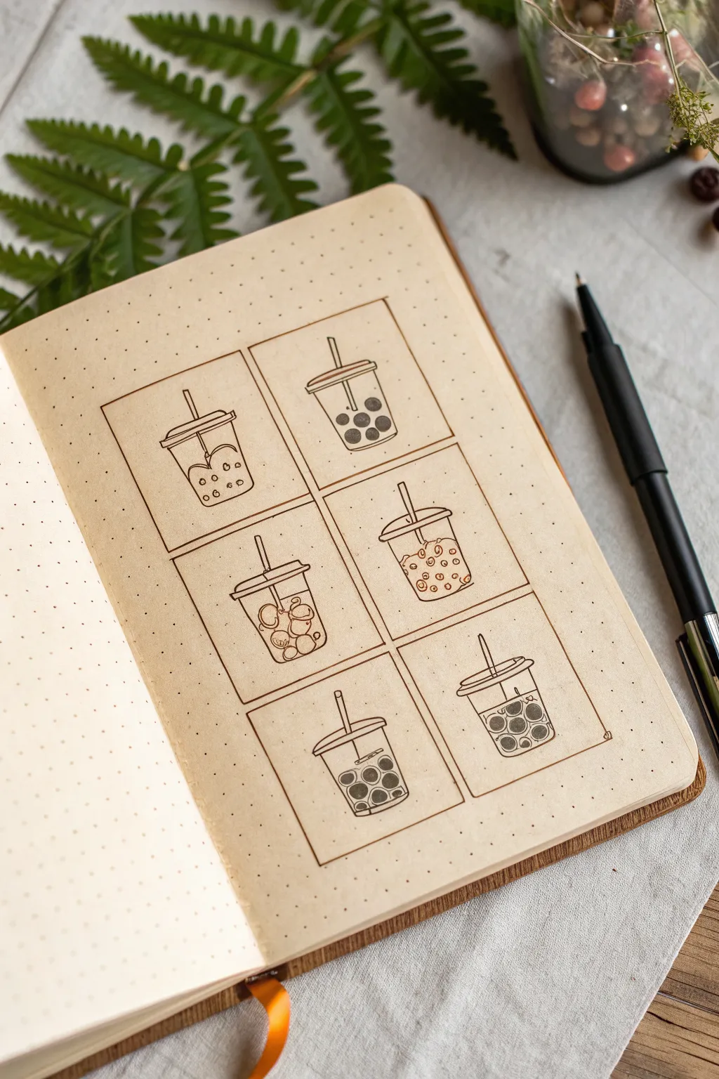 Draw a kawaii boba drink character in 8 simple boxes, perfect for quick doodle practice